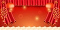 Red Lanterns and curtain, burning realistic fireworks for Chinese New Year. Ornament or decoration for greeting card